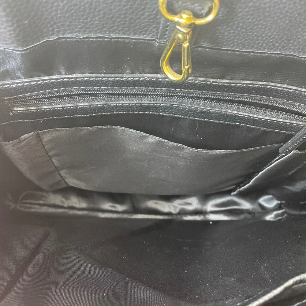 JOY & IMAN Black Textured Leather Tote Bag with Gold Accents and‎ Charm Watch